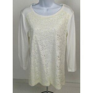 Croft and Barrow Women Top Size Small White with Floral Lace Front Short Sleeves